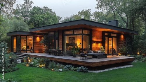 Modern wooden house with terrace and garden. Generative AI
