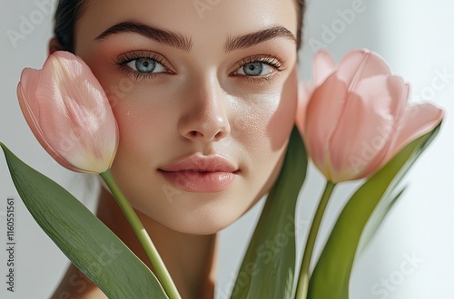 A beautiful woman with clean, fresh skin holds pink tulip flowers, isolated on a white background. photo