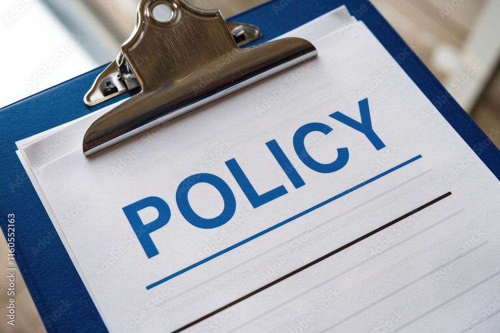 A blue clipboard displays a policy document, ready for completion. A blue clipboard displays a policy document, ready for completion.