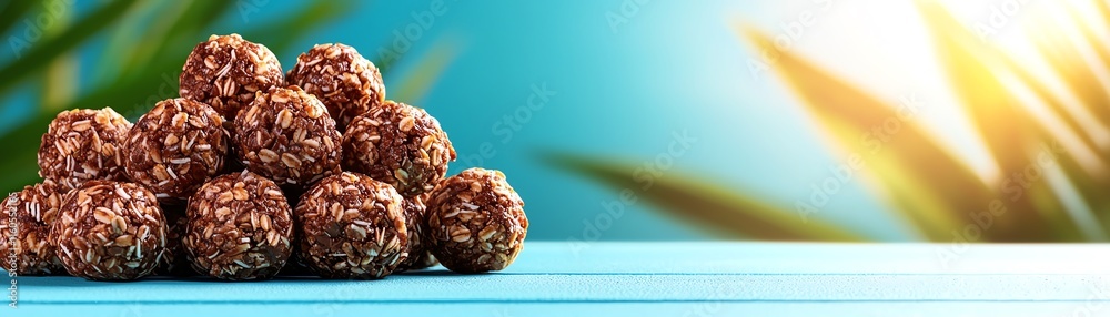 Superfood protein balls with an Australian surf backdrop, modern wellness snacks, healthy and energizing Superfood protein balls with an Australian surf backdrop, modern wellness snacks, healthy and energizing