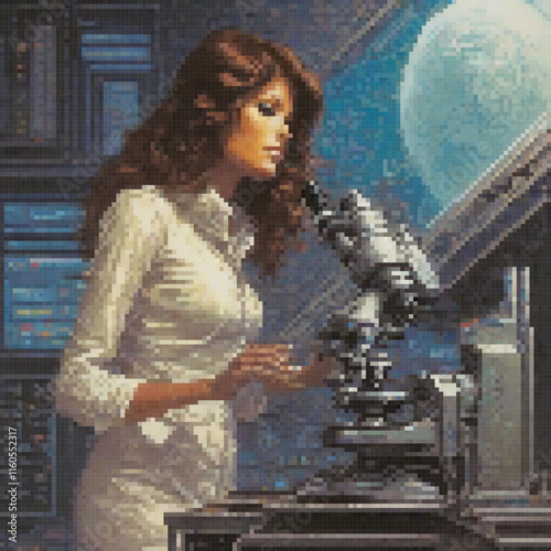 Female scientist in white dress examining specimen under microscope