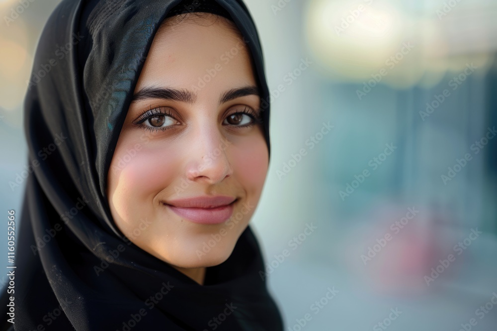 Smiling Arabian girl in black hijab on light background Smiling Arabian girl in black hijab on light background