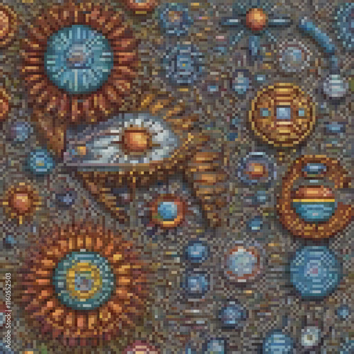 Pixel art of a detailed painting on a wall, showcasing vibrant colors and intricate details.