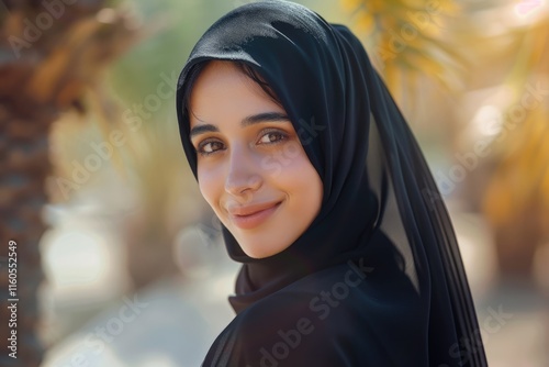 Smiling Arabian girl in black hijab on light background photo