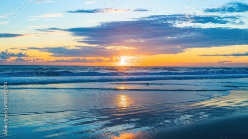Serene sunset over the ocean, waves gently lapping the shore, reflecting the vibrant sky.