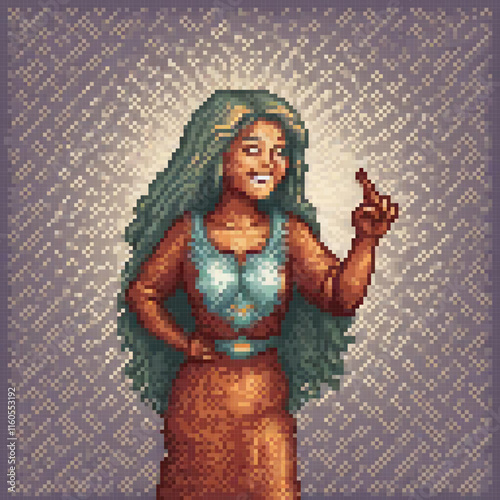Stunning pixel art cross stitch pattern featuring a woman in a vibrant blue dress.