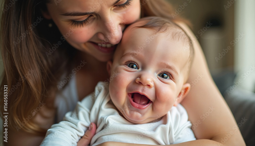 Happy mother smiling with baby in cozy indoor setting Happy mother smiling with baby in cozy indoor setting