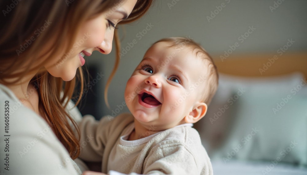 Smiling baby with mother enjoying a tender moment indoors Smiling baby with mother enjoying a tender moment indoors