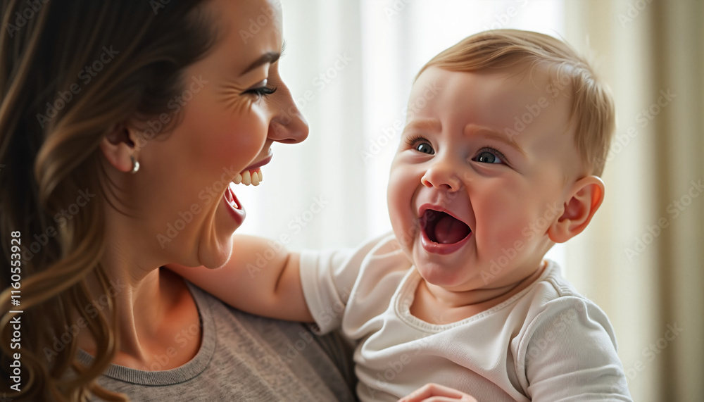 Mother and baby laughing together in bright indoor setting Mother and baby laughing together in bright indoor setting