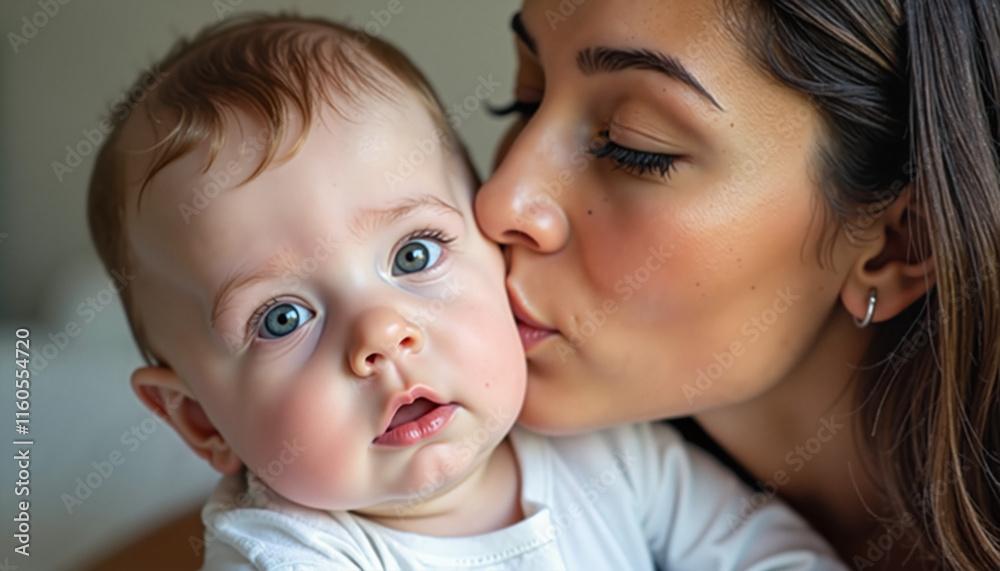 Mother kissing baby with blue eyes against a soft background Mother kissing baby with blue eyes against a soft background