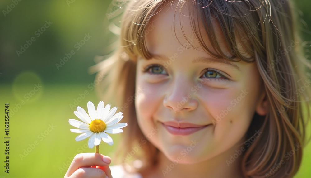 Smiling girl holding a daisy on green background Smiling girl holding a daisy on green background