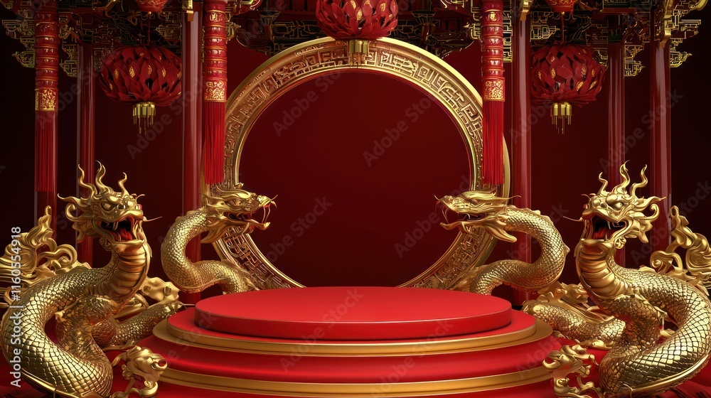 Obraz premium Festive Chinese New Year Golden Dragon Stage Red Gold Decor Celebration
