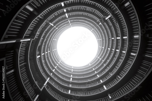 Spiral staircase with circular void from unique perspective in b&w