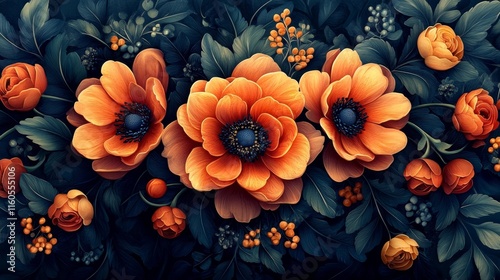 Floral Seamless Wallpaper Design with Orange Flowers. Generative AI photo