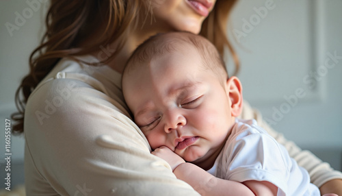 Mother holding sleeping baby in soft light