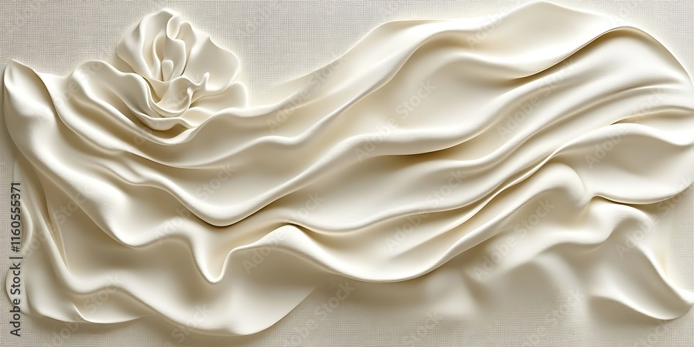 Fototapeta premium Abstract cream-colored fabric sculpture with flowing waves and a rose-like detail.