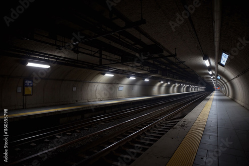 Modern underground metro station with industrial tunnel and tracks
