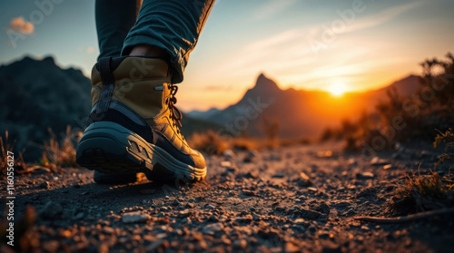 close-up of hiking boots on a trail at sunset