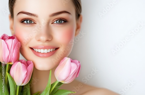 A beautiful woman with clean, fresh skin holds pink tulip flowers, isolated on a white background. photo