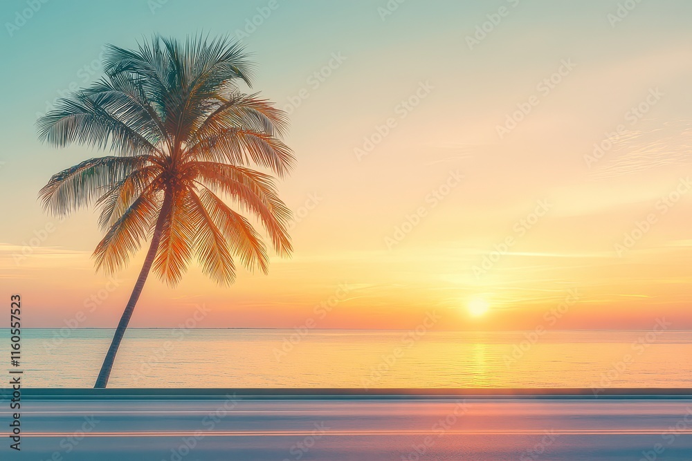 Fototapeta premium A serene sunset over the ocean with a palm tree silhouetted against the colorful sky.