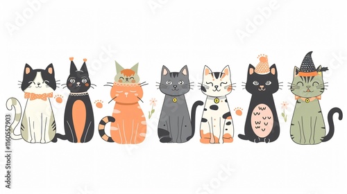 Hand-Drawn Cartoon Style Cats in Various Poses for Creative Projects