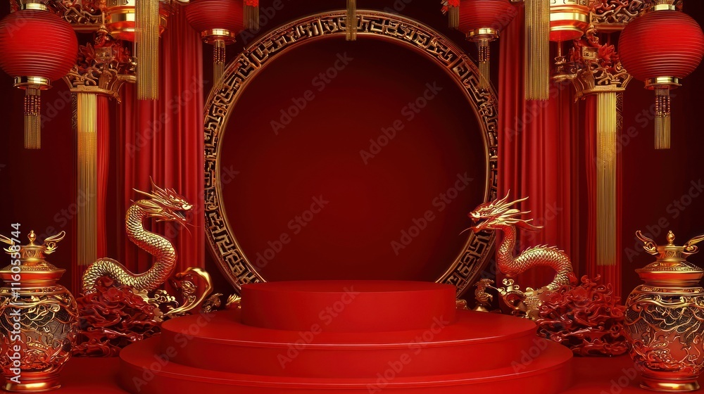 Festive Red Gold Chinese New Year Background Dragon Lantern Stage Festive Red Gold Chinese New Year Background Dragon Lantern Stage