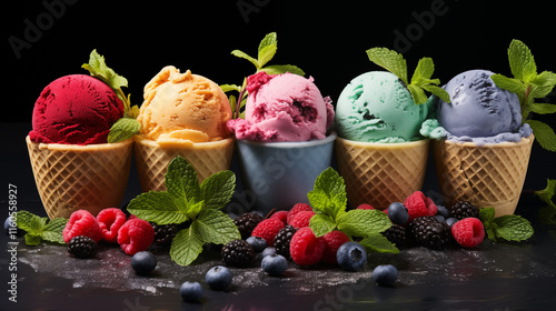 Delicious Summer Ice Cream Variety in White Cups isolated on black background