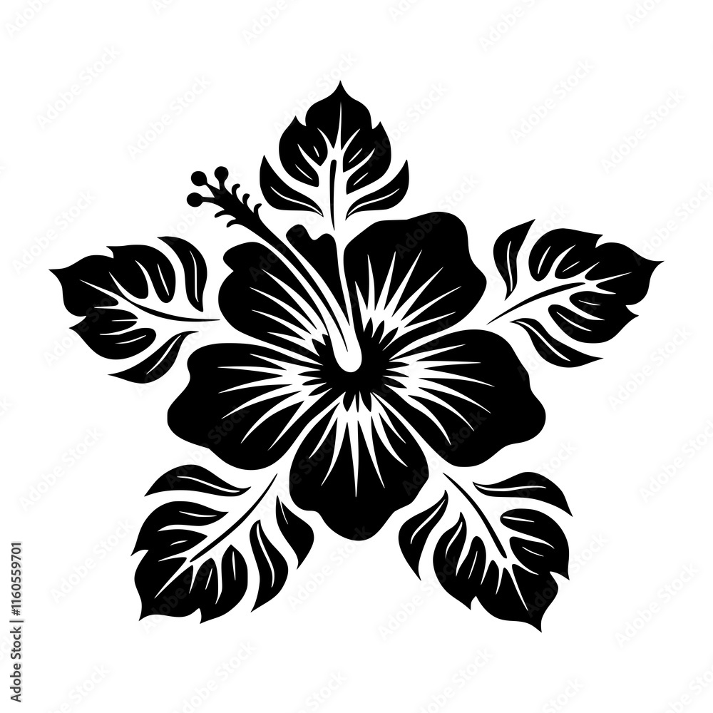 Fototapeta premium Black and White Hibiscus Flower Silhouette Illustration, Tropical Floral Design Element, Nature-Inspired Art for Wall Decor, Tattoos, Stencils, and Graphic Projects
