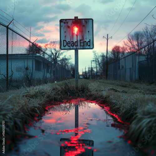 surreal scene featuring Dead End sign illuminated by red glow, reflecting in puddle. landscape is desolate, with cloudy sky and overgrown grass, evoking sense of isolation, disbelieve, no choice photo