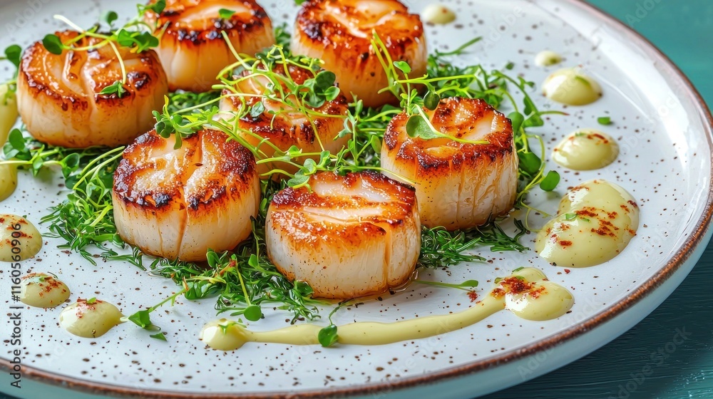 Exquisite Seared Scallops Fine Dining Presentation on White Plate | Elegant Gourmet Seafood Cuisine Illustration Exquisite Seared Scallops Fine Dining Presentation on White Plate | Elegant Gourmet Seafood Cuisine Illustration