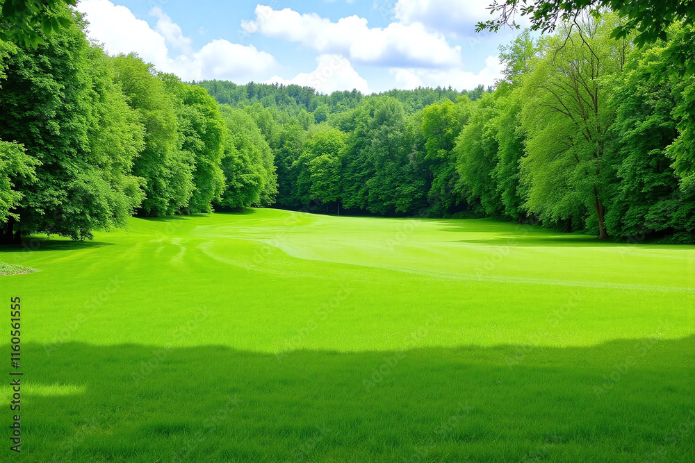 Naklejka premium Vast open field of green grass with forest in background