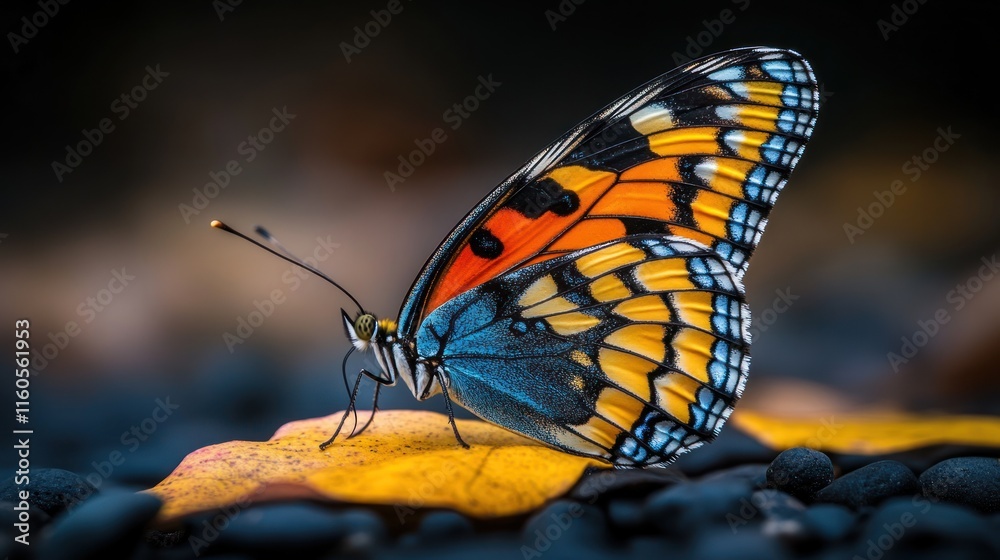 Obraz premium A vibrant butterfly perched on a yellow leaf among dark pebbles, showcasing nature's beauty.