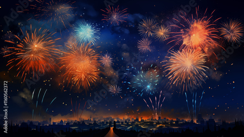 Colorful Celebration: Explosive Fireworks Over the Cityscape photo