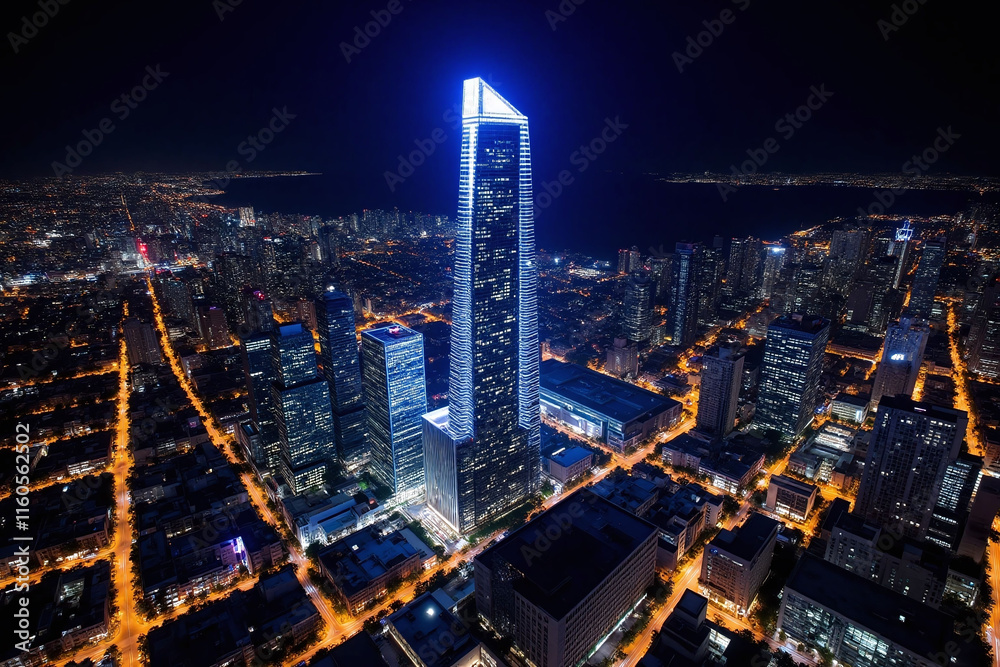 Fototapeta premium Vibrant cityscape at night with angular skyscraper and lights