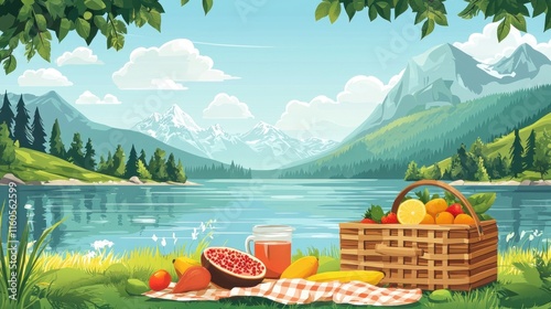 Serene Lakeside Picnic - Two Friends Enjoying Fresh Fruits by the Water in a 2D Flat Illustration with Rustic Wooden Picnic Basket