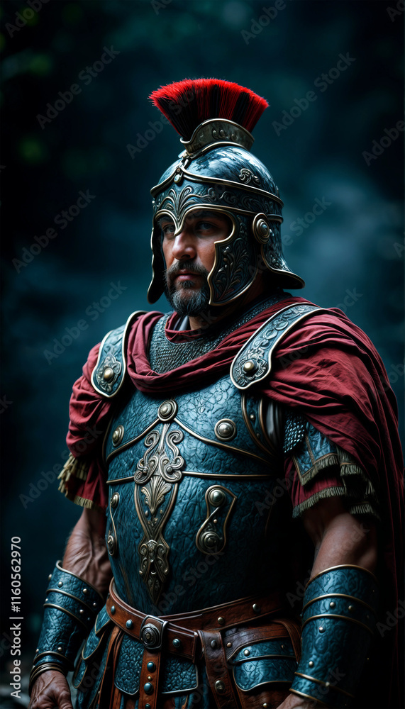Fototapeta premium Roman soldier. An ancient Roman warrior in battle armor and helmet