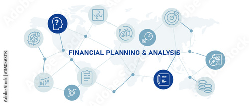 Financial planning and analysis icon analyze finance business strategy plan information design outline connected items
