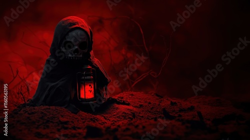 A grim skeleton in a hooded cloak holding a glowing red lantern, set in a dark and eerie atmosphere with twisted branches and a crimson background. photo