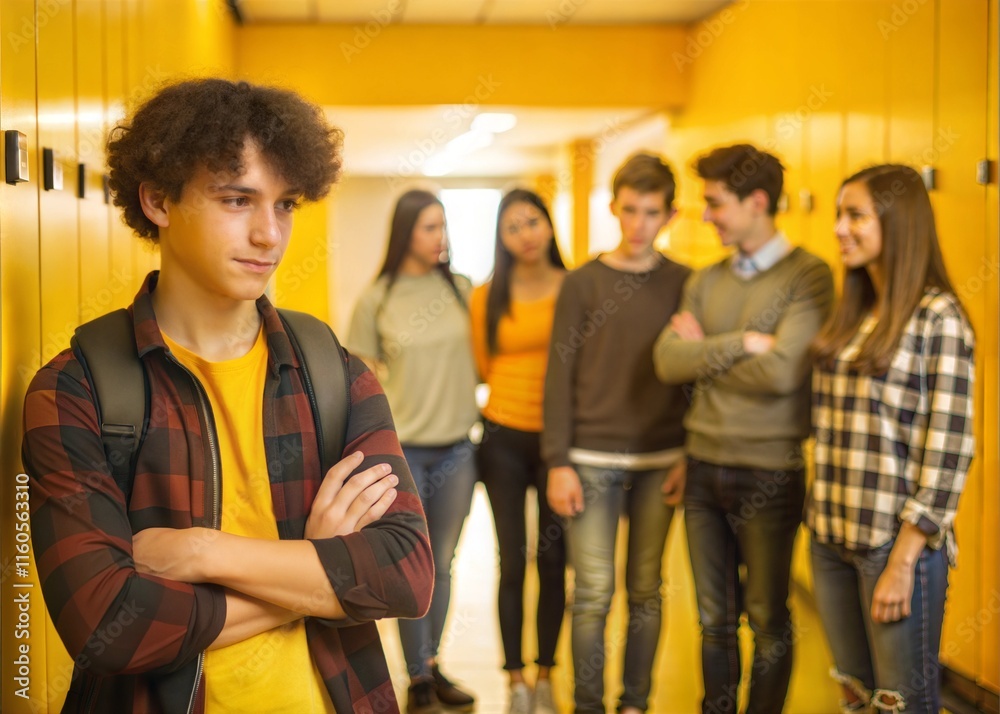 Obraz premium Teenage Student Feeling Left Out While Other Students Socialize in the Background