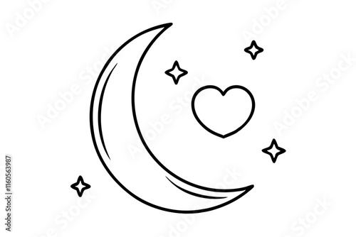 Moon silhouette with tiny heart-shaped stars surrounding it vector illustration