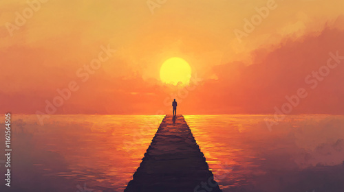 A figure standing on a narrow jetty, gazing at the horizon as the sun rises, symbolizing hope and new beginnings.