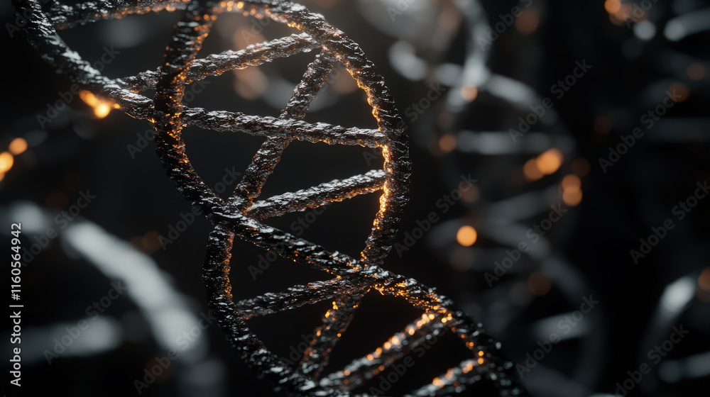 Close-up of intricate double helix structures representing ancient DNA molecules, highlighting the complexity and historical significance of genetic material, with copy space for text or design. Close-up of intricate double helix structures representing ancient DNA molecules, highlighting the complexity and historical significance of genetic material, with copy space for text or design.