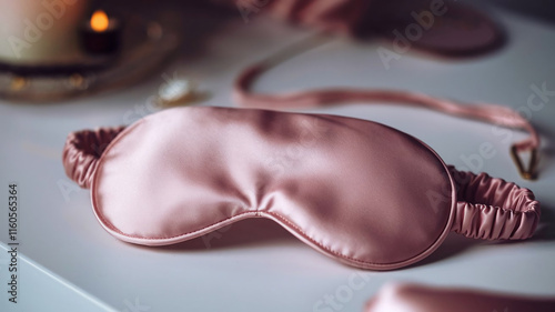 Pink Silk Sleep Mask Close-up, World Sleep Day and Accessories for Sound Sleeping and Insomnia