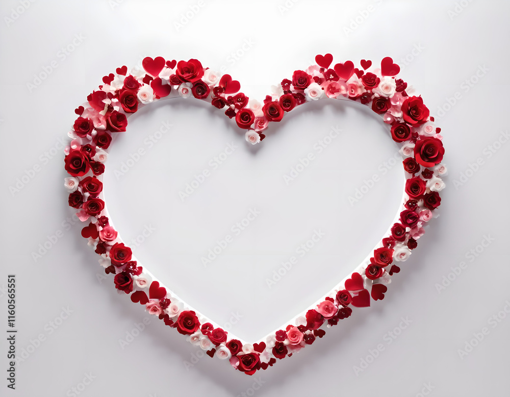 Creative layout adorned by red and pink rose flowers and paper heart in heart shape on white background. Top view, flat lay concept Creative layout adorned by red and pink rose flowers and paper heart in heart shape on white background. Top view, flat lay concept