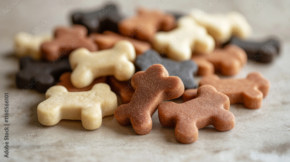 Fototapeta premium Dog bone-shaped treats stacked, tasty snacks for pets, appetizing display, 