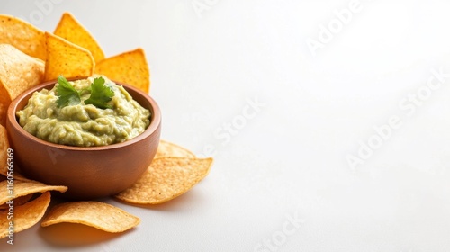 Mexican Guacamole with Chips on a White Background. Generative AI photo