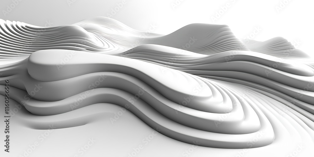 Obraz premium Abstract 3D rendering of layered, flowing white forms resembling undulating hills or waves.