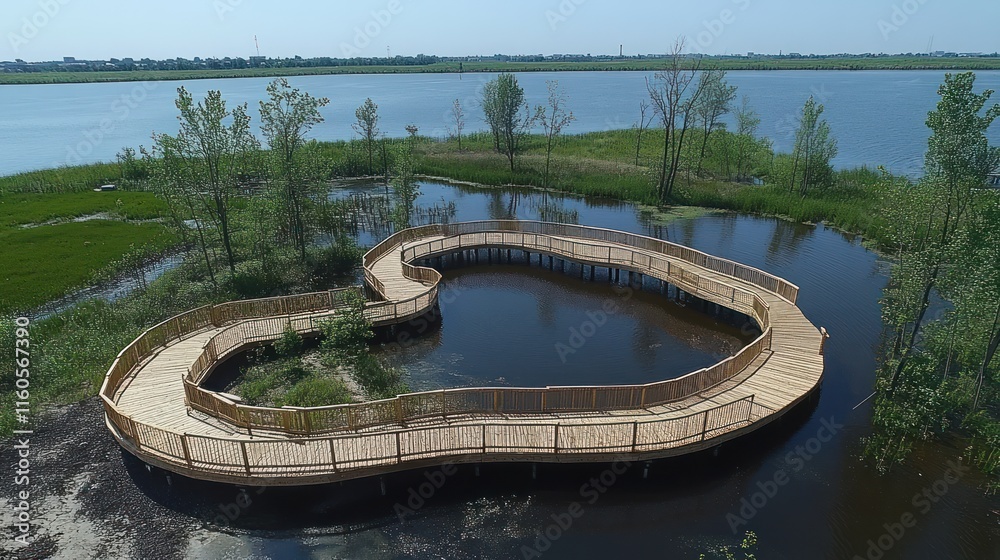 A wooden boardwalk winding through a wetland area, providing a nature observation path. A wooden boardwalk winding through a wetland area, providing a nature observation path.