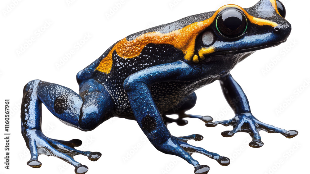 Obraz premium Vibrant Blue Poison Dart Frog: Close-up of a stunning blue poison dart frog with striking yellow and orange markings, showcasing its captivating beauty and intricate details. 