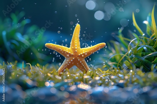 Golden starfish emerging from water, surrounded by seagrass.